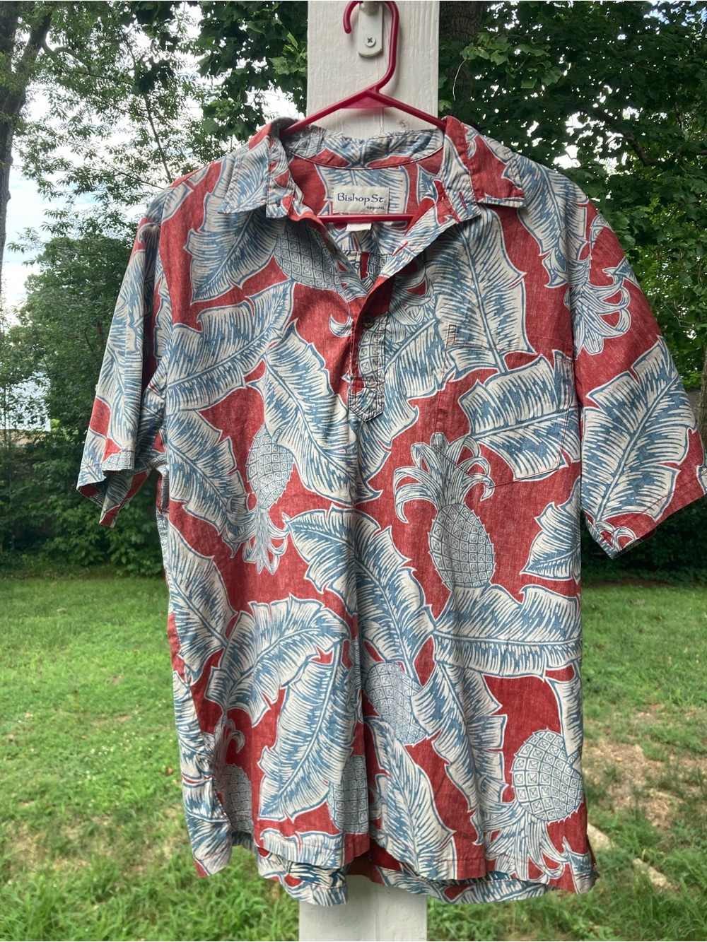 Bishop St. Men's Red & Blue Pineapple Print/Hawaiin/Vacation Short Sleeve Shirt
